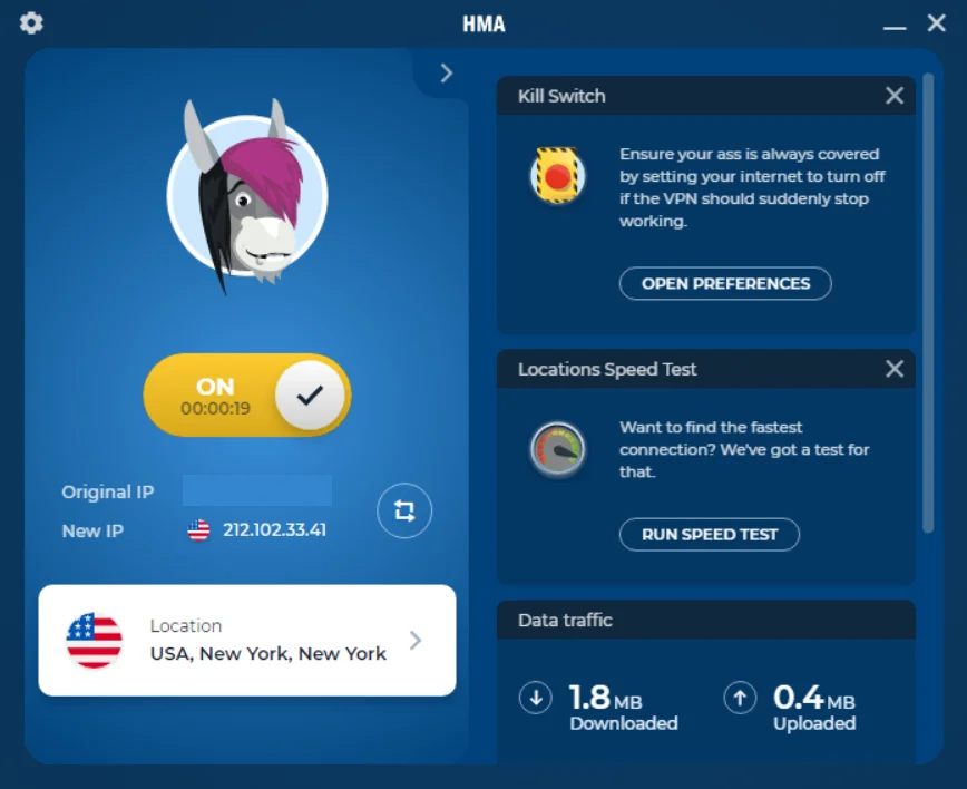 HMA VPN uygulama arayüzü