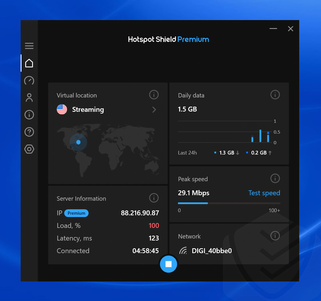Hotspot Shield uygulama arayüzü