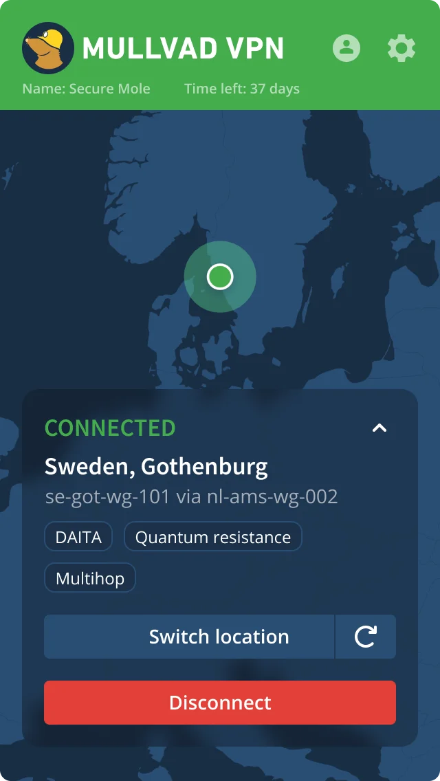 Mullvad VPN uygulama arayüzü