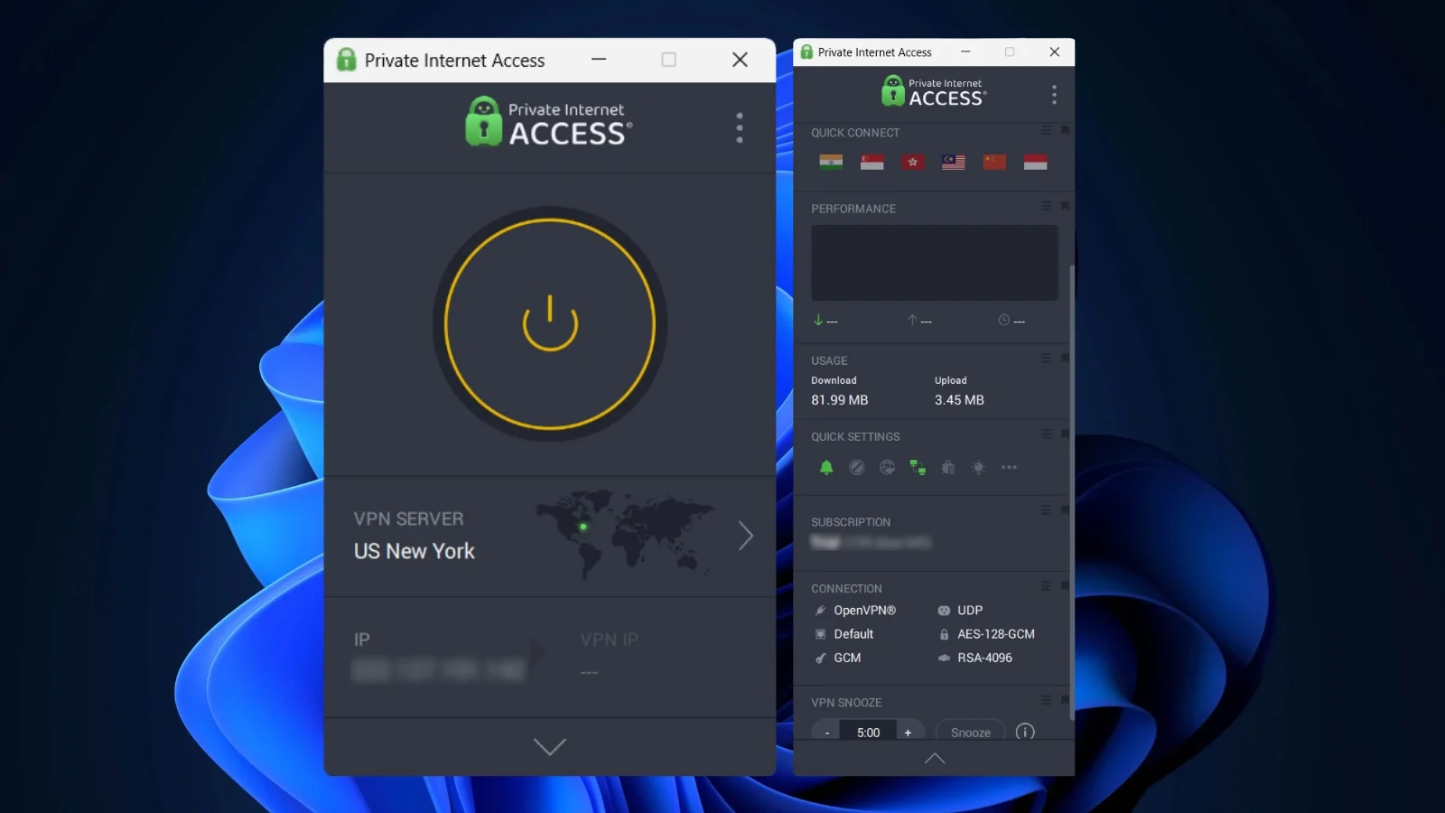 Private Internet Access uygulama arayüzü