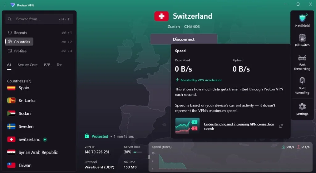 ProtonVPN uygulama arayüzü